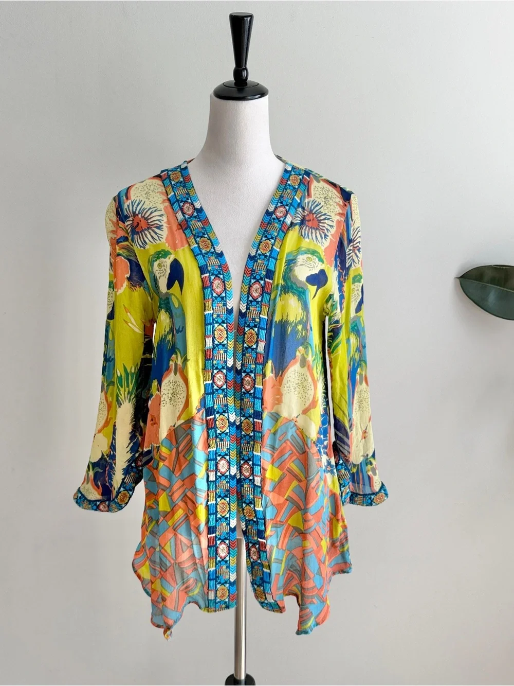 Soft Surroundings Parrot Kimono Bright Colorful Resort Coverup Open Cardigan L - Picture 1 of 9